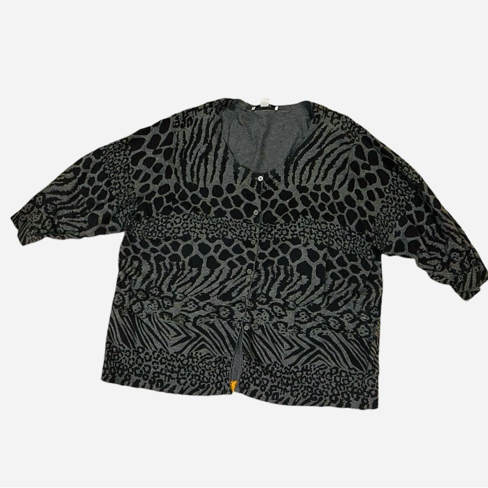 Liz Claiborne Cardigan Sweater Plus 2x Women's Gray Black Animal Print Button Up